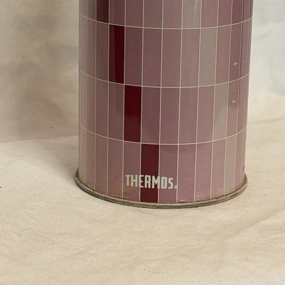 Vintage Metal 1970's Thermos Pink Metal glass w Cup Stopper 722 check plaid - Picture 2 of 9